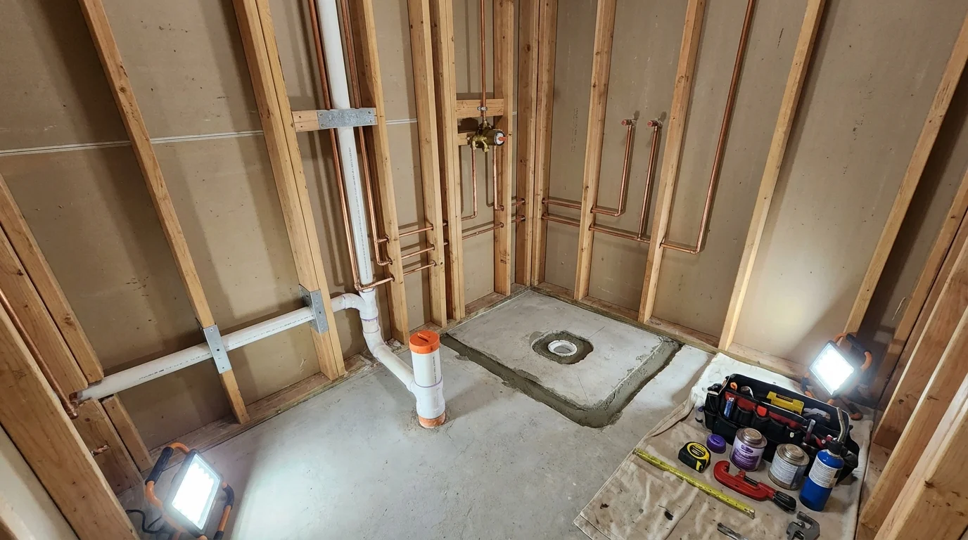 Bathroom rough-in plumbing during remodel by Johns Plumbing LLC in Rising Sun