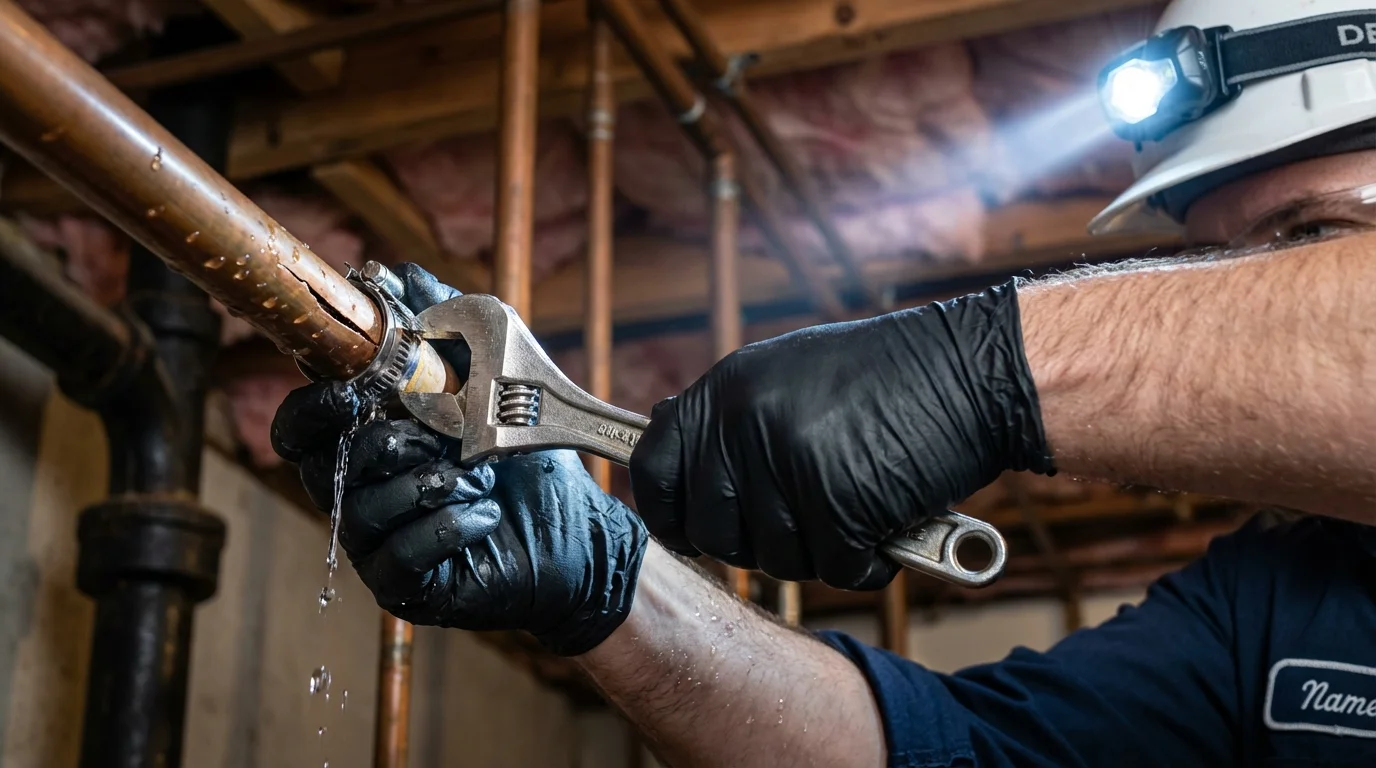 Emergency pipe clamp repair being performed by a Johns Plumbing LLC plumber in Rising Sun