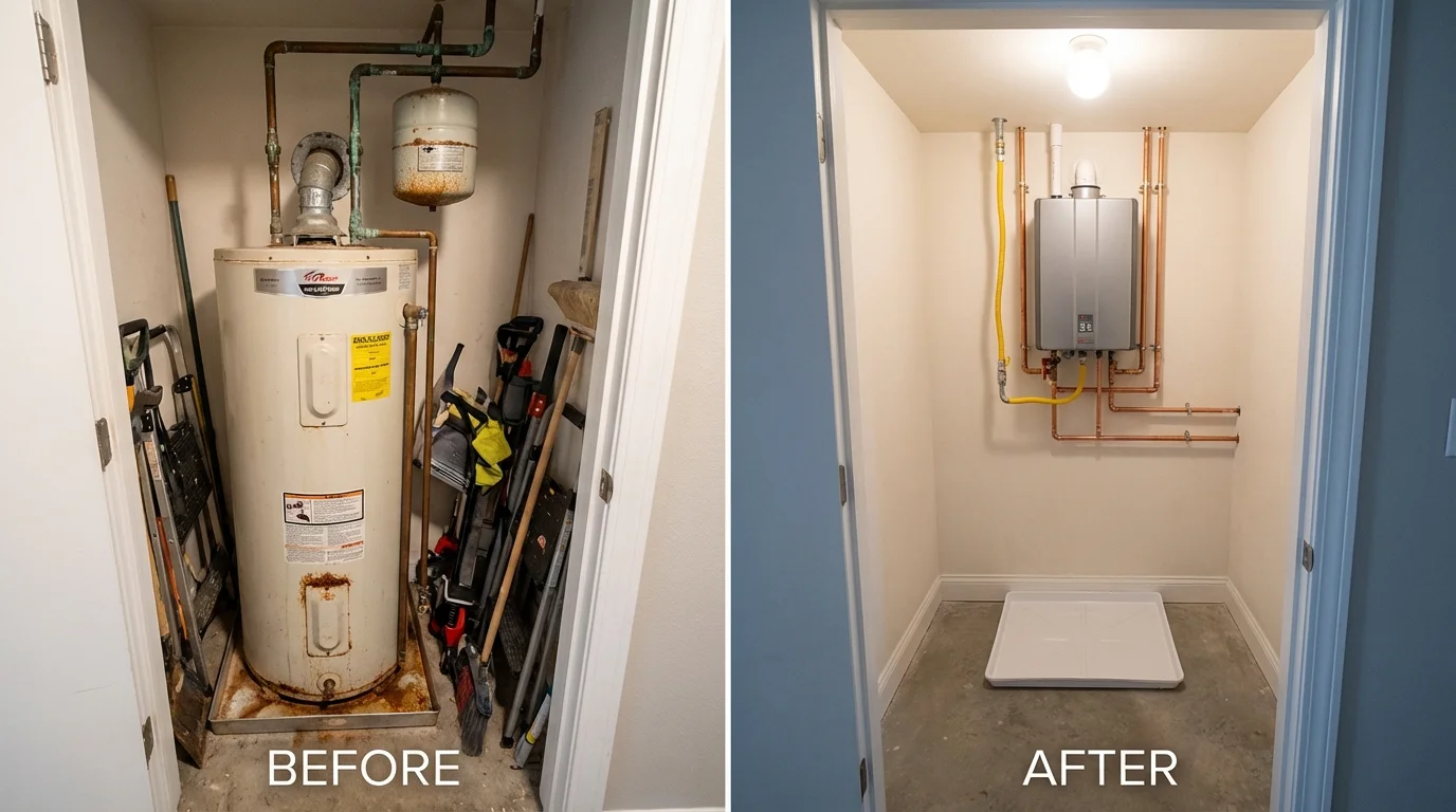 Tank water heater versus wall-mounted tankless unit comparison for Rising Sun, IN homeowners