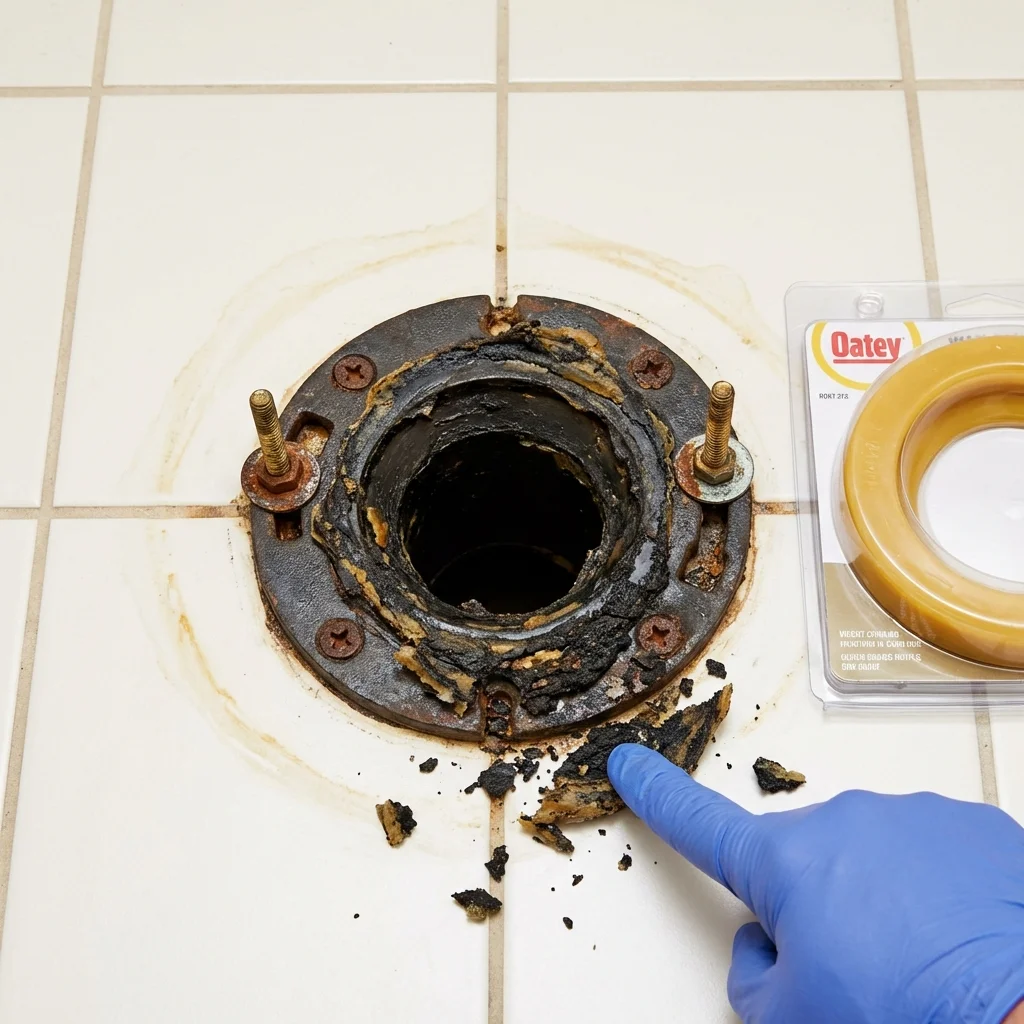 Failed wax ring showing water seepage at the base of a toilet in a Rising Sun, IN home