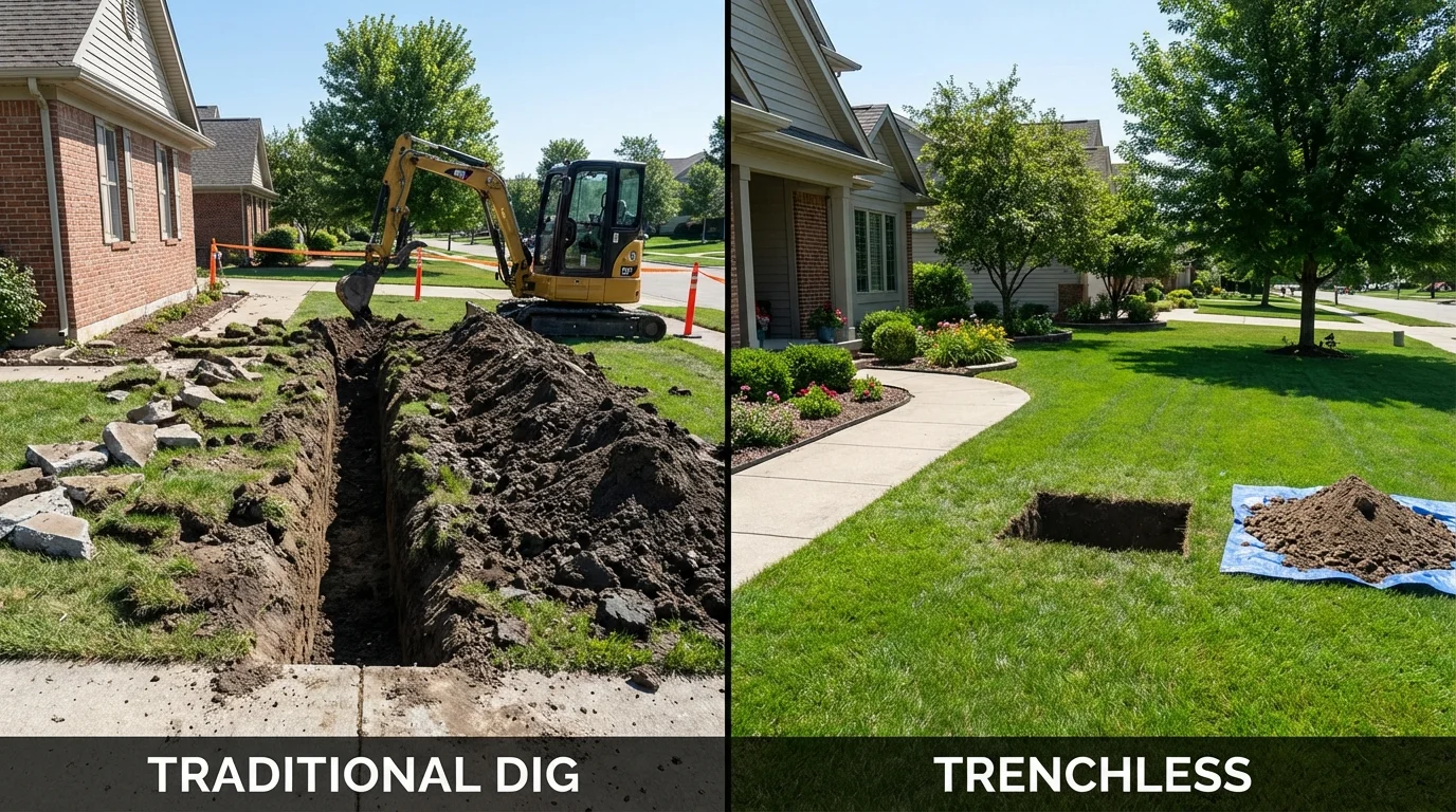 Trenchless sewer repair with minimal yard damage versus traditional excavation in Rising Sun, IN