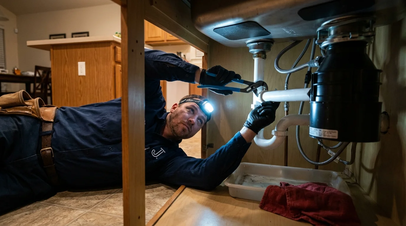 P-trap and supply line connections under a kitchen sink showing a common leak point in Rising Sun, IN
